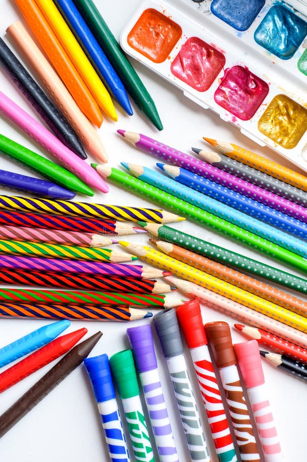 Colored Pencils, Crayons, Markers and Paints on White Background Stock  Photo - Image of crayons, color: 56702114