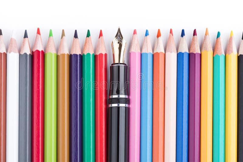 Colored Pencils with Fountain Pen in the Middle Stock Photo Image of