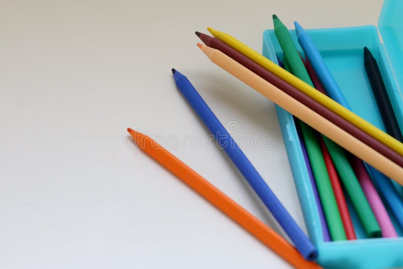 Colored Pencils in a Light Blue Pencil Case Stock Image Image of