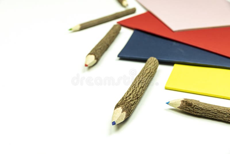 Colored Pencils Made from Branches of Trees Isolate on White Background
