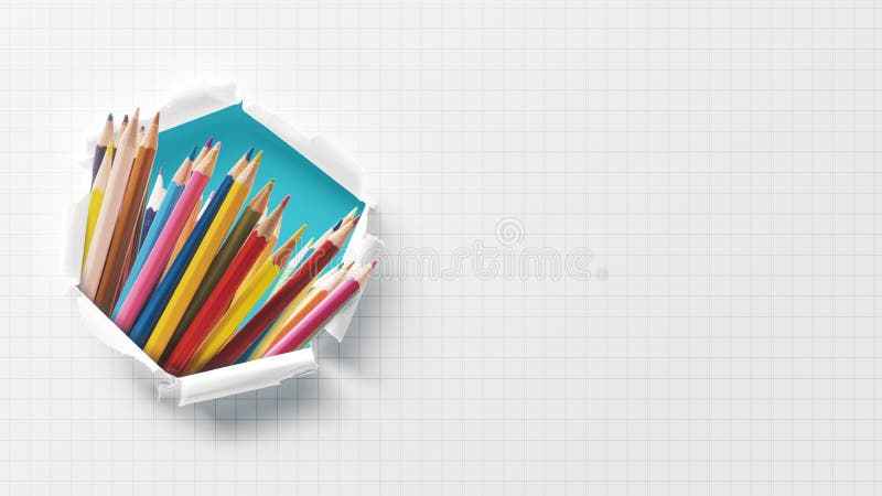 Colored pencils in paper hole stock photography