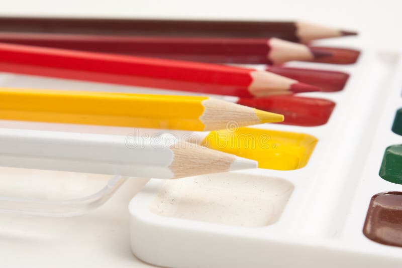 Colored Pencils and Watercolor Paints Stock Photo Image of tool