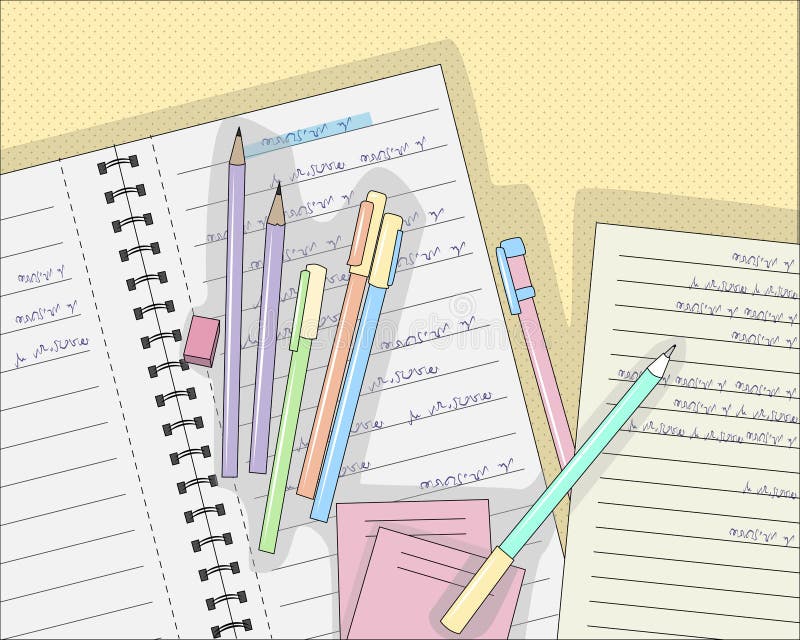 Pens and pencils on notebook in line, vector illustration stock illustration