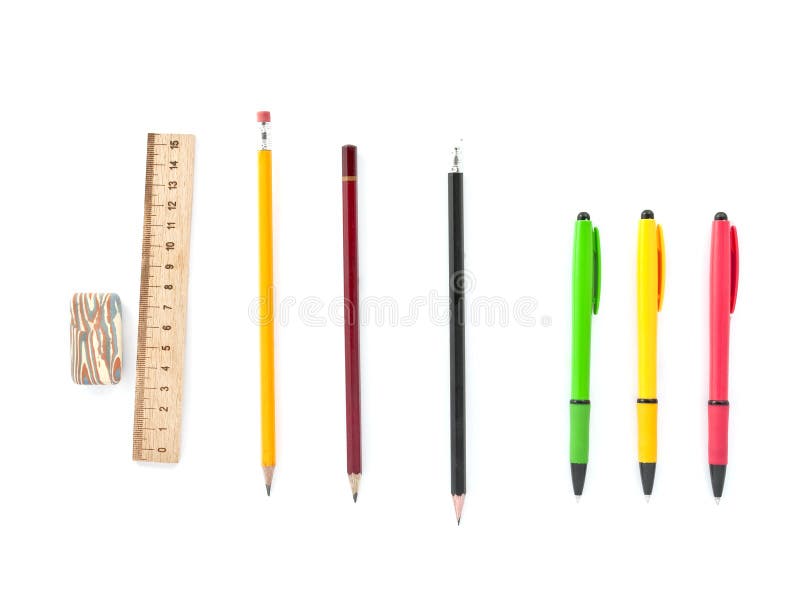 Colored Pens, Pencils, Ruler, Eraser Stock Photo Image of green