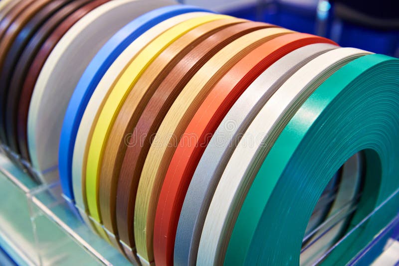 Colored plastic films for end face of furniture panels stock images