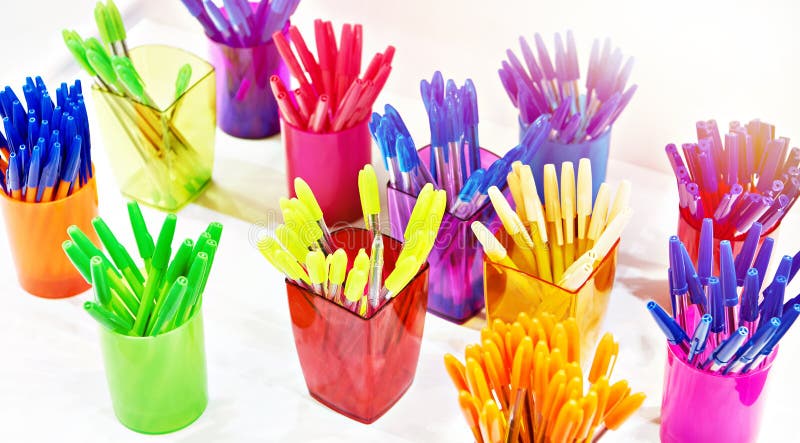 Colored plastic pens royalty free stock photo
