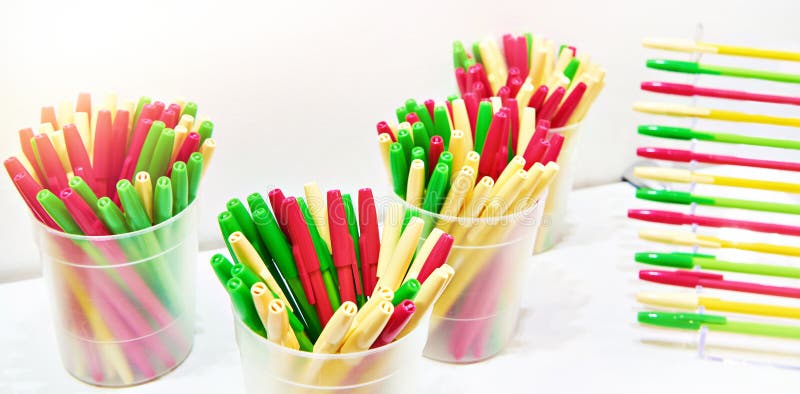 Colored plastic pens royalty free stock photography