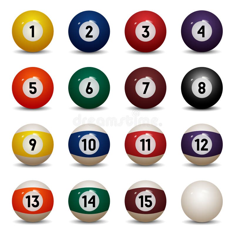 Colored pool balls. Numbers 1 to 15 and zero ball.