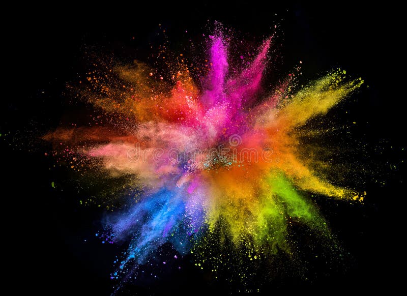 Colored powder explosion isolated on black background. stock image