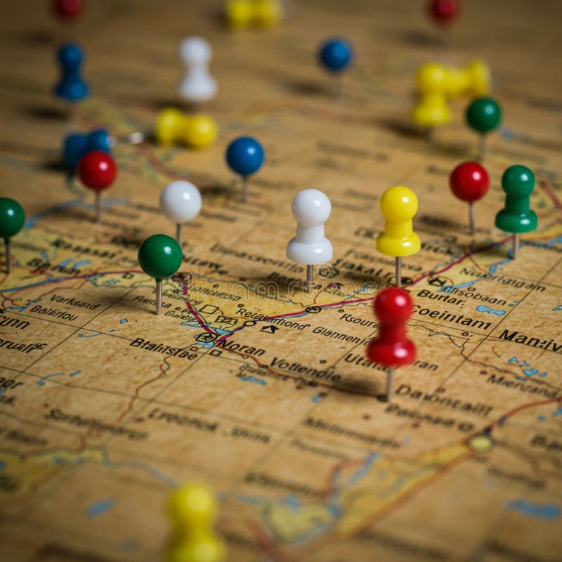 Colored push pins are arranged on a map, highlighting various locations. The map stock illustration