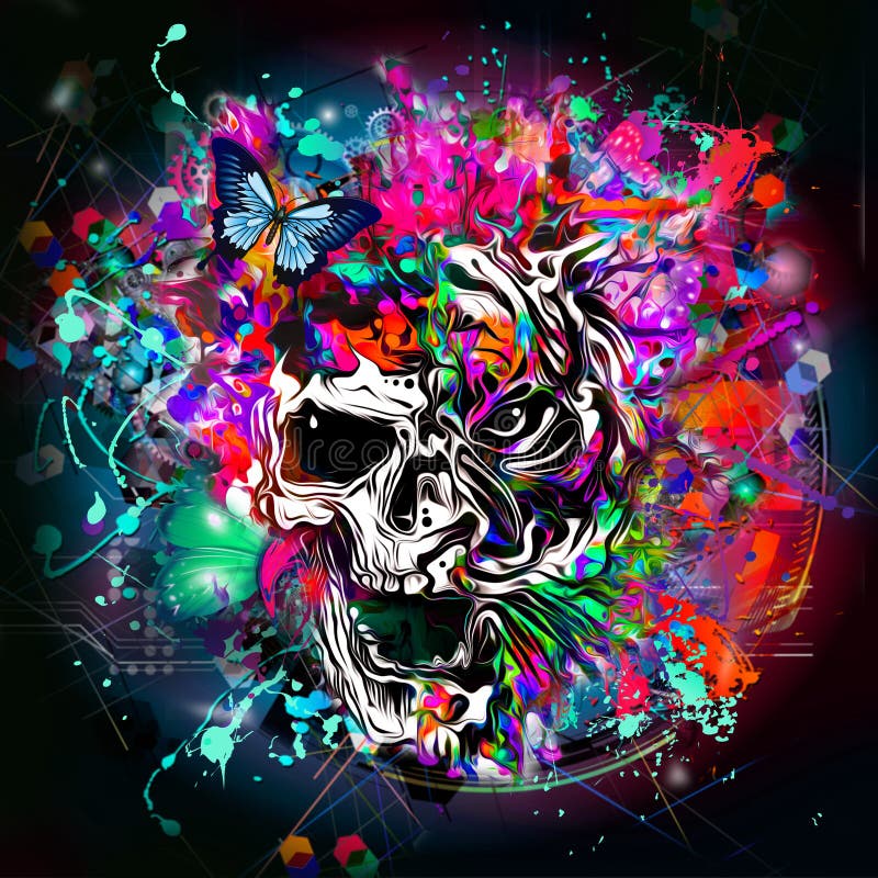 Colorfull Art in Abstract Magic Splashes Background. Human Skull Stock ...