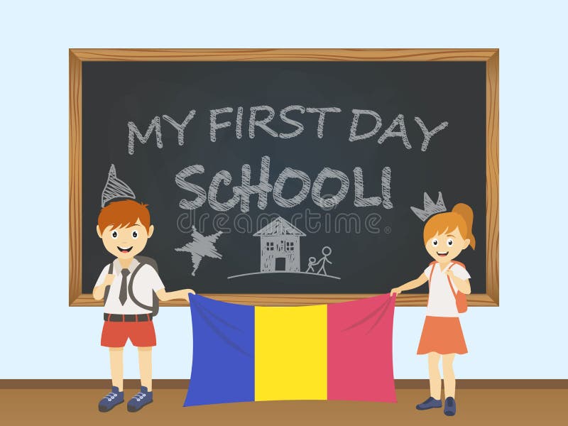 Colored smiling children, boy and girl, holding a national Andorra flag behind a school board illustration. Vector cartoon illustr royalty free illustration Colored smiling children, boy and girl, holding a national Andorra flag behind a school board illustration. Vector cartoon illustr royalty free illustration