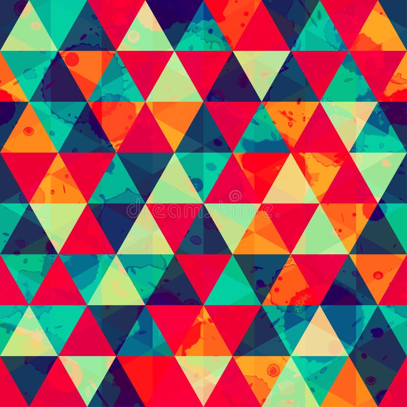 Colored triangle seamless pattern with blot effect stock illustration