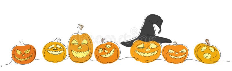 Colored Vector Illustration with Stylized Halloween Pumpkins and Hat