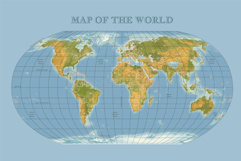 World Map with Countries Boundary, Grid and Label. Bonne Projection. 3d. Vector. Infographic 