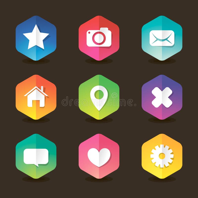 Colored web hexagon icon set with shadows royalty free illustration
