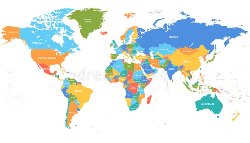 Colored world map. Political map. S, colourful world countries and country names. Geography politics map, world land atlas or planet cartography vector