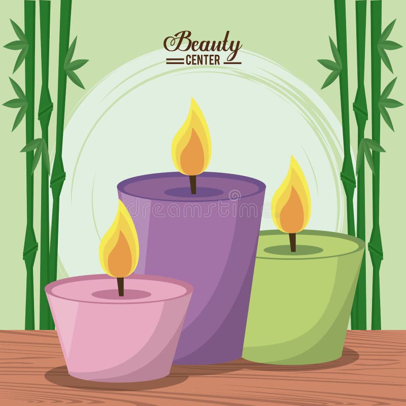 Coloree el cartel del centro de la belleza con el fondo de bambú de la planta y el sistema de la vela ilustración del vector