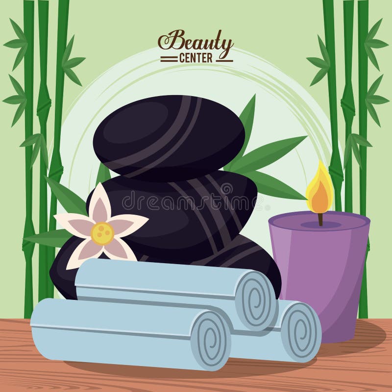 Coloree el cartel del centro de la belleza con el fondo de la planta y la vela y el sistema de bambú de toallas y de piedras negr ilustración del vector