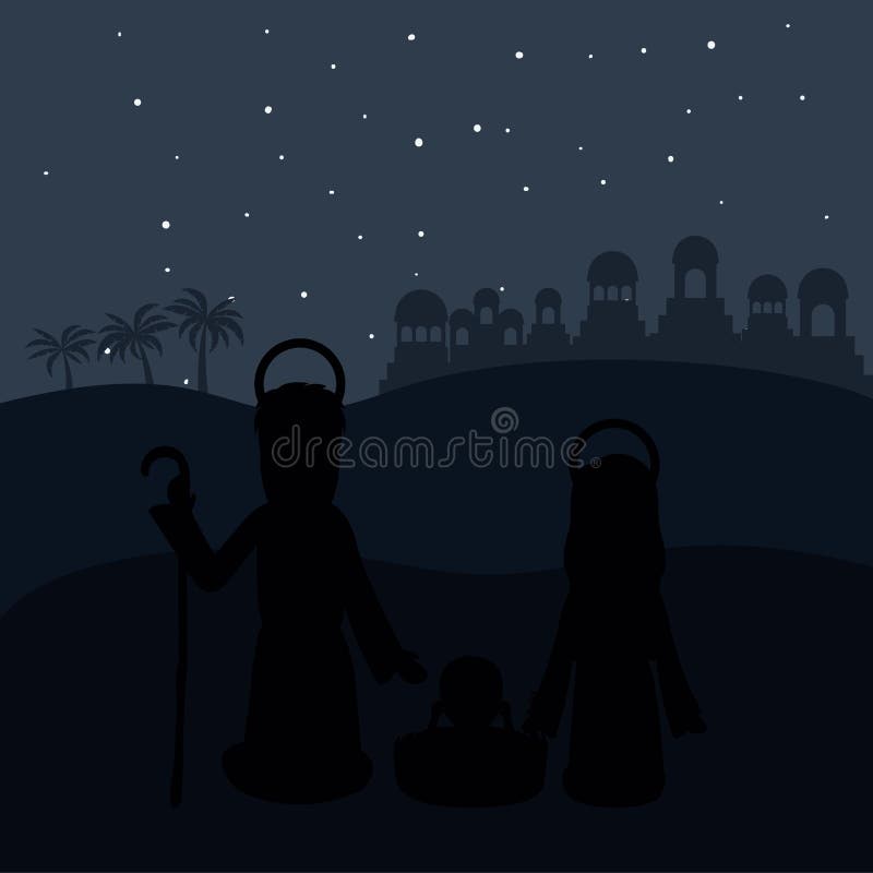Coloree el fondo en la noche del desierto de Belén con Virgen María y San José y Jesús en pesebre ilustración del vector Coloree el fondo en la noche del desierto de Belén con Virgen María y San José y Jesús en pesebre ilustración del vector