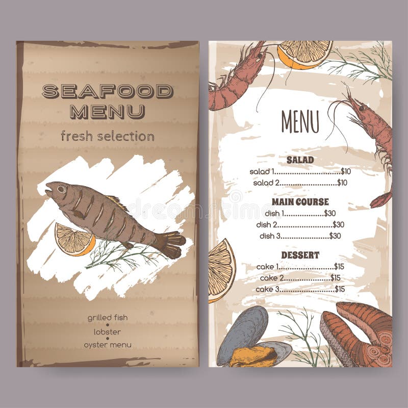 Coloree la plantilla del menú del restaurante de los mariscos con el bosquejo de pescados asados a la parrilla ilustración del vector Coloree la plantilla del menú del restaurante de los mariscos con el bosquejo de pescados asados a la parrilla ilustración del vector