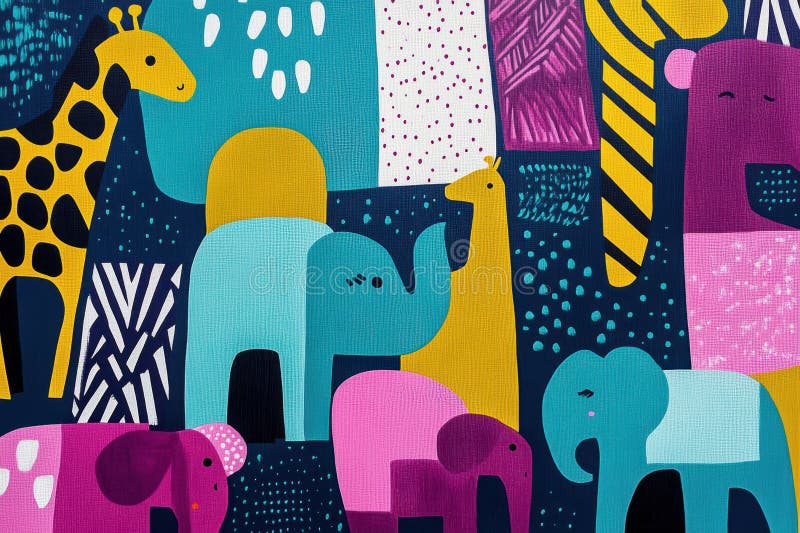 Colorful abstract animal illustration featuring giraffe and elephant in vibrant design royalty free stock image