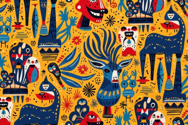 Colorful abstract animal pattern with playful figures and geometric shapes stock photo