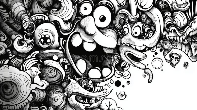 Colorful abstract art with whimsical faces and swirling patterns royalty free stock photo