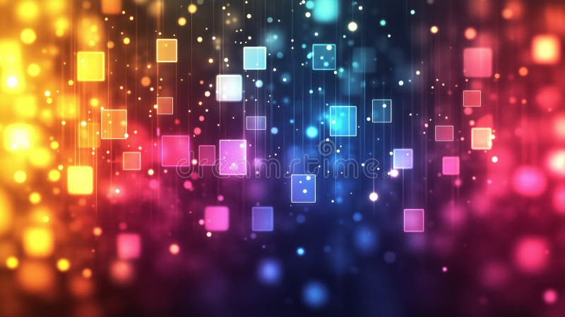 Colorful abstract background with floating squares and glowing lights stock illustration