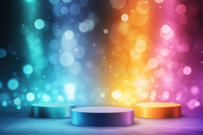 Colorful abstract background with three podiums and bokeh lights for creative display royalty free stock photos