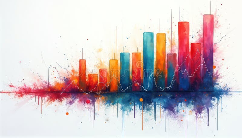 Colorful abstract bar chart graphs show rising trends and data analysis. Vibrant watercolor splashes create dynamic visual stock illustration