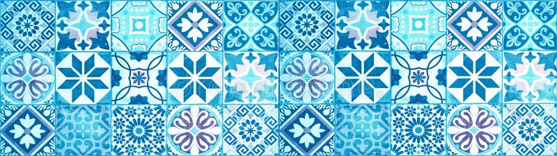 Colorful abstract blue indigo white vintage retro geometric square mosaic motif tiles texture wide background banner panorama