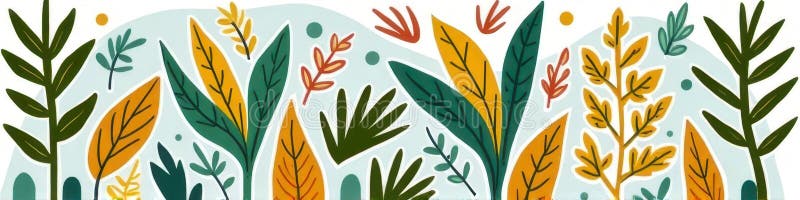 Colorful abstract botanical pattern with green and yellow leaves and geometric shapes vector illustration