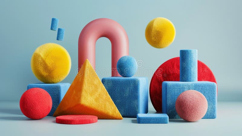 Colorful abstract composition with fluffy geometric shapes 3d rendering image, vector illustration.