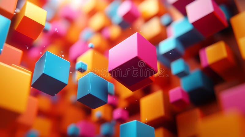 Colorful abstract cubes floating in a vibrant digital space showcasing depth and motion as they scatter in all. A dynamic arrangement of brightly colored cubes in shades of pink, blue, and orange fills the digital space, creating a sense of movement and depth as the shapes appear to float freely. AI generated