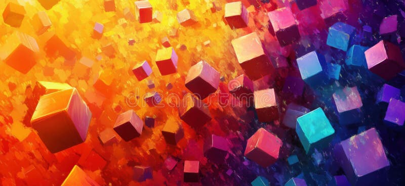 Colorful abstract cubes floating in vibrant gradient background, copy space for text royalty free stock photos