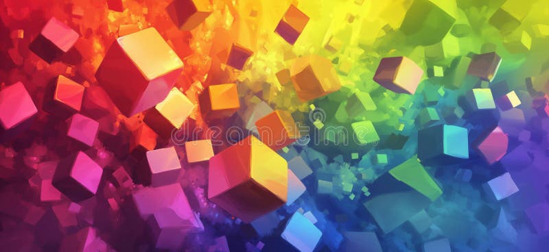 Colorful abstract cubes floating in vibrant rainbow background, copy space for text royalty free stock photo
