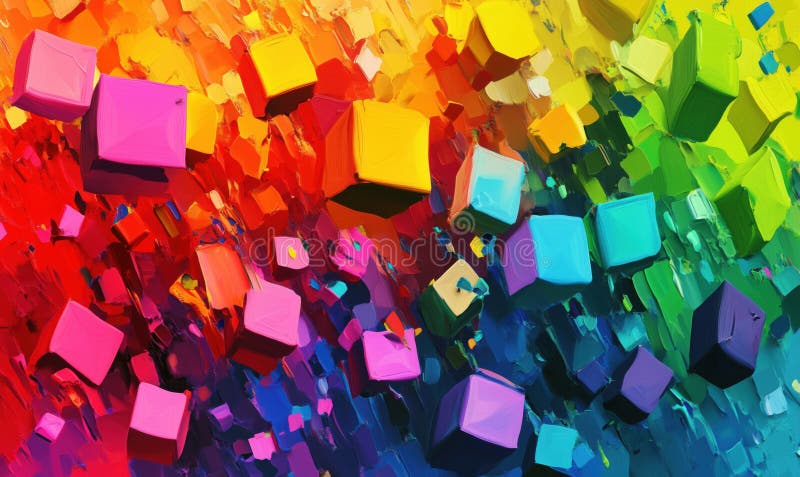 Colorful abstract cubes floating in vibrant rainbow background with textured brush strokes royalty free stock images