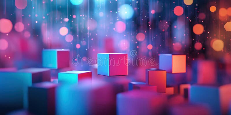 Colorful abstract cubes with glowing lights and bokeh effects in a digital environment stock image