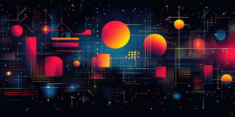 Colorful abstract digital art featuring geometric shapes and vibrant hues in a dark background vector illustration