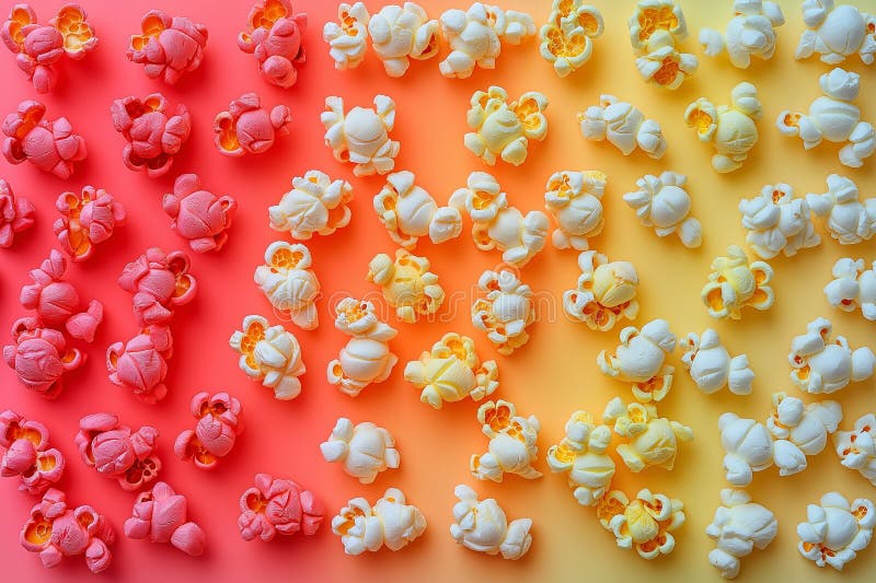 Colorful abstract flat lay of popcorn creating a vibrant gradient pattern royalty free illustration