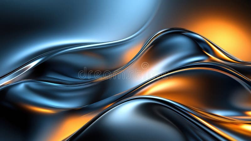 Colorful abstract glossy waves creating dynamic patterns and reflections with rich hues. Generative AI. Glossy waves flow smoothly, blending rich blue and orange tones to create an abstract visual experience full of movement and depth. AI generated