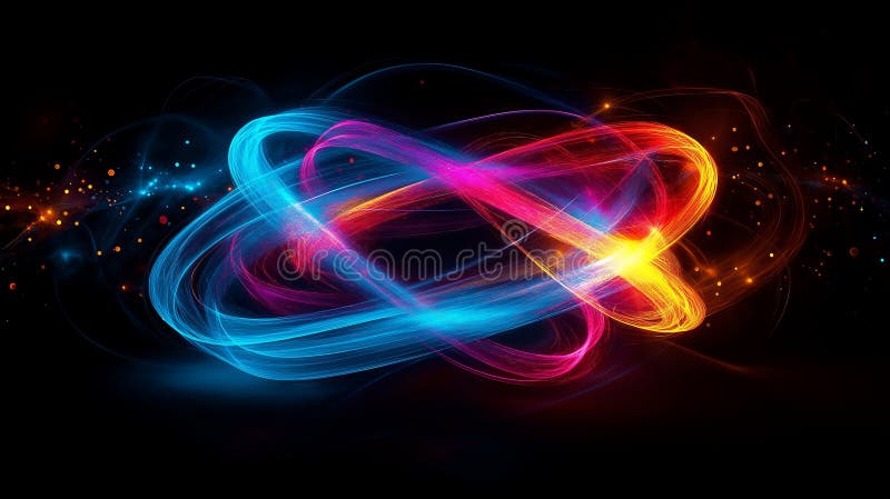 Colorful abstract light trails creating a dynamic composition of swirling patterns in a dark environment stock images