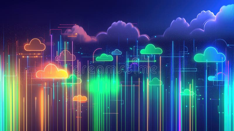 Colorful abstract representation of digital clouds and sound waves over a night sky background royalty free illustration
