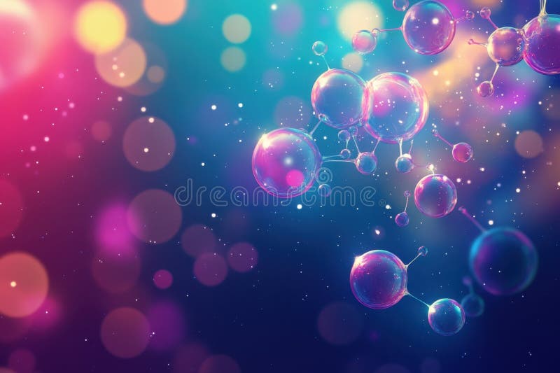 Colorful abstract representation of molecules with luminous bokeh background vector illustration