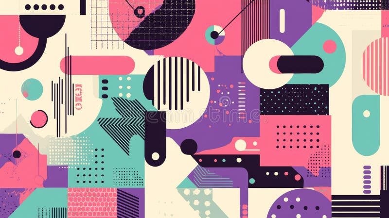 Colorful abstract retro futurism inspired background with dynamic geometric shapes and bold patterns