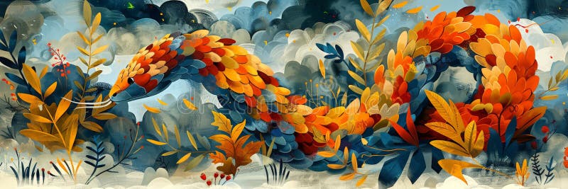 A colorful abstract serpent intertwined with autumn leaves in a dynamic artistic style, symbolizing nature's beauty royalty free stock photos