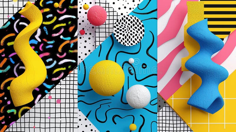 Colorful abstract shapes on geometric background 3d rendering image, royalty free illustration.