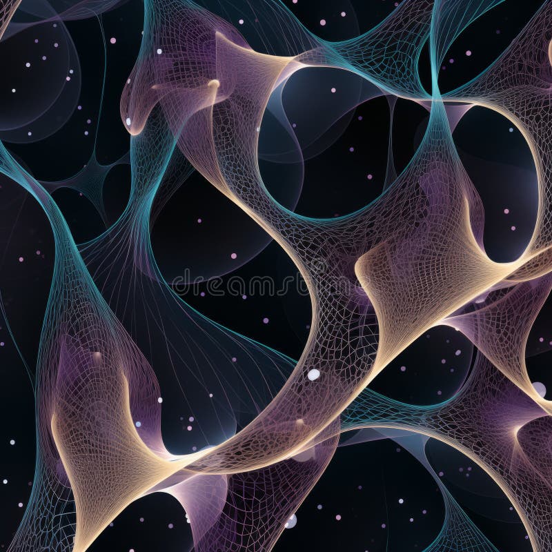 A space wallpaper featuring blue and purple swirls in the background, adorned with stars. the design is reminiscent of infinity nets, showcasing multilayered compositions and precise mathematical structures. the image showcases a layered mesh of tangled nests, with vibrant colors of light gold and dark cyan, forming beautiful and colorful curves. Multilayered compositions stock images, royalty-free photos and pictures