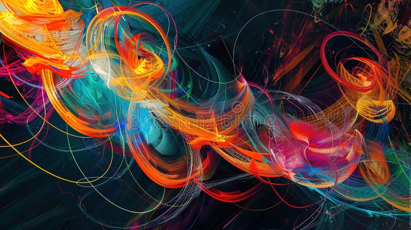 Colorful Abstract Swirls of Light and Energy Captured in Vibrant Digital Artwork royalty free stock photo